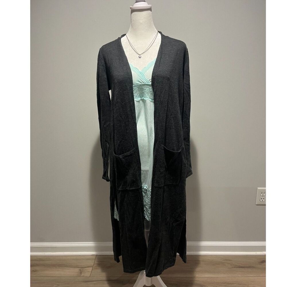 Tahari Wool Cardigan Extrafine Merino Wool Gray Long Women S